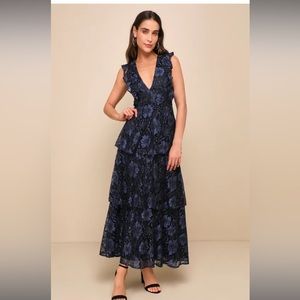 Lulu's Navy Floral Lace Maxi Dress